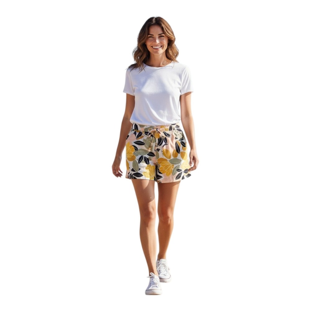 Rachel Zoe Women's M Floral‎ Linen Elastic Waist Drawstring Beach Cruise Shorts